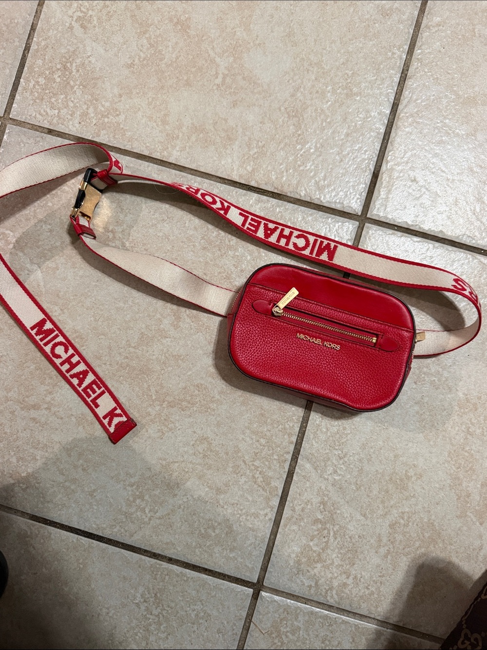 Michael Kors Red Leather Crossbody Belt Bag with Logo Strap
